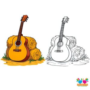 Western-style guitar resting on hay bales.