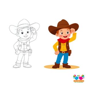 Young cowboy with a toy gun and big hat.